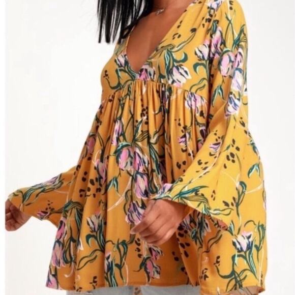 Free People Bella Golden Yellow Floral Print Tunic mini dress Size XS - Picture 5 of 5